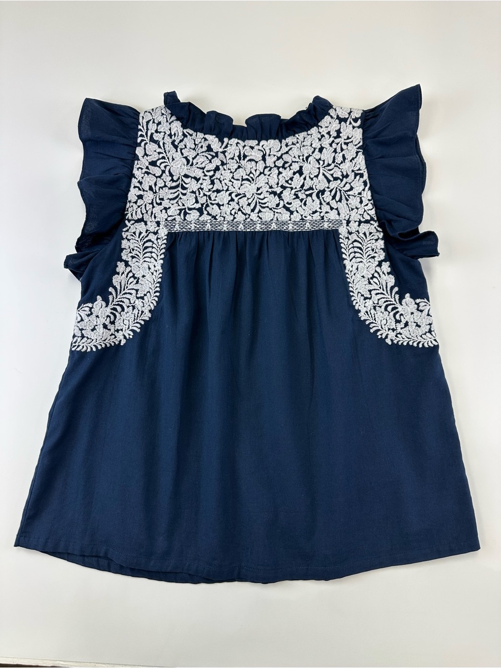 J.Marie Embroidered Navy Cotton Top White Boho Medium Feminine Romantic
